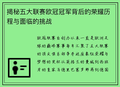 揭秘五大联赛欧冠冠军背后的荣耀历程与面临的挑战